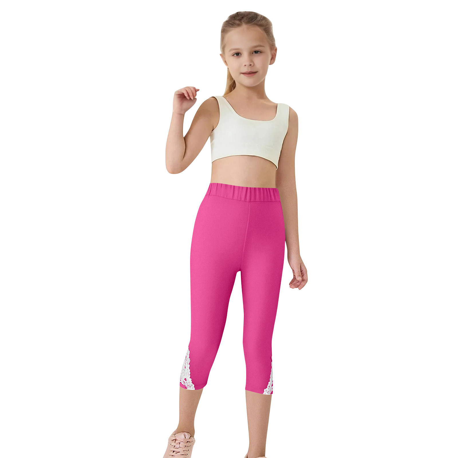 Cethrio Capri Leggings for Girls, Clearance Stretch Dance Elastic Waist Summer Pants Hot Pink Size 7-8 T